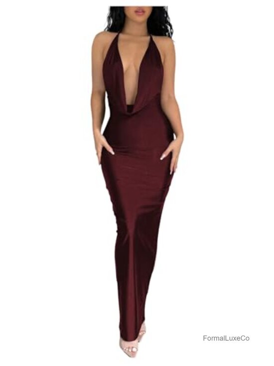 Dresses & Skirts - Halter Tie Backless Bodycon Maxi Dress with Cowl Neck, Formal